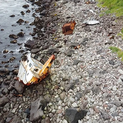 Aerial image of the wreck of the Freyja washed up on shore