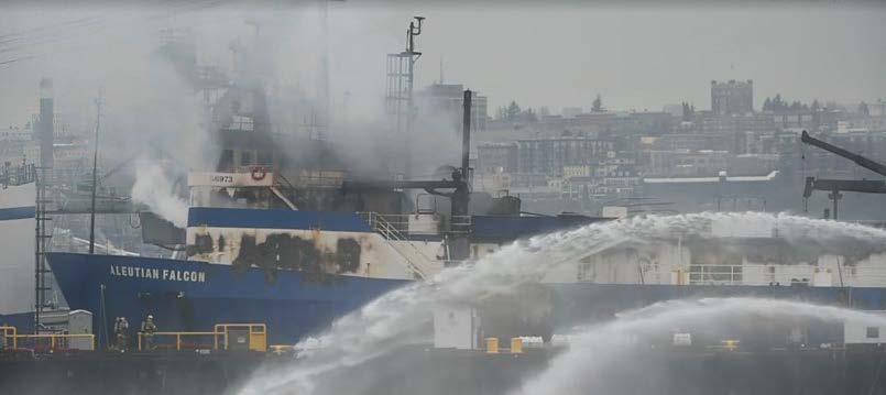 Resolve Marine fire rescue puts out flames on the Aleutian Falcon vessel.